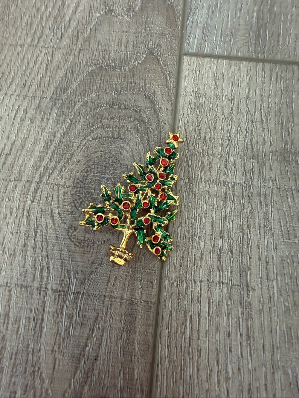 Vintage Monet Festive Gold-Tone Christmas Tree Brooch with Green and Red Accents